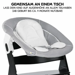 Alpha Plus Black 4-tlg. Newborn Set - Hochstuhl + 2in1 Babyaufsatz & Wippe + Sitzkissen - Stretch Grey