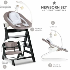 Alpha Plus Black 4-tlg. Newborn Set Deluxe - Hochstuhl + 2in1 Babyaufsatz & Wippe + Sitzkissen - Sand