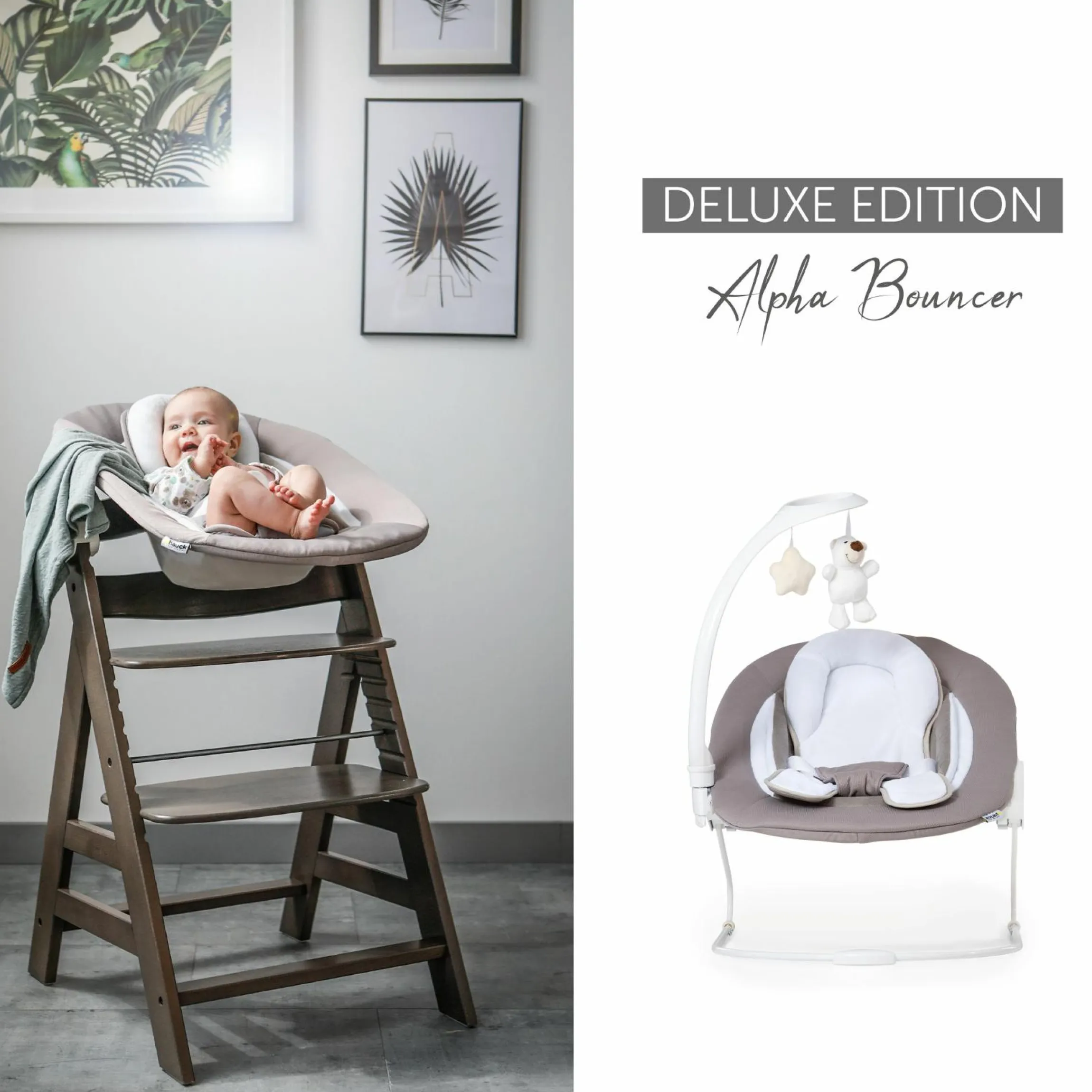 Alpha Plus Black 4-tlg. Newborn Set Deluxe - Hochstuhl + 2in1 Babyaufsatz & Wippe + Sitzkissen - Sand