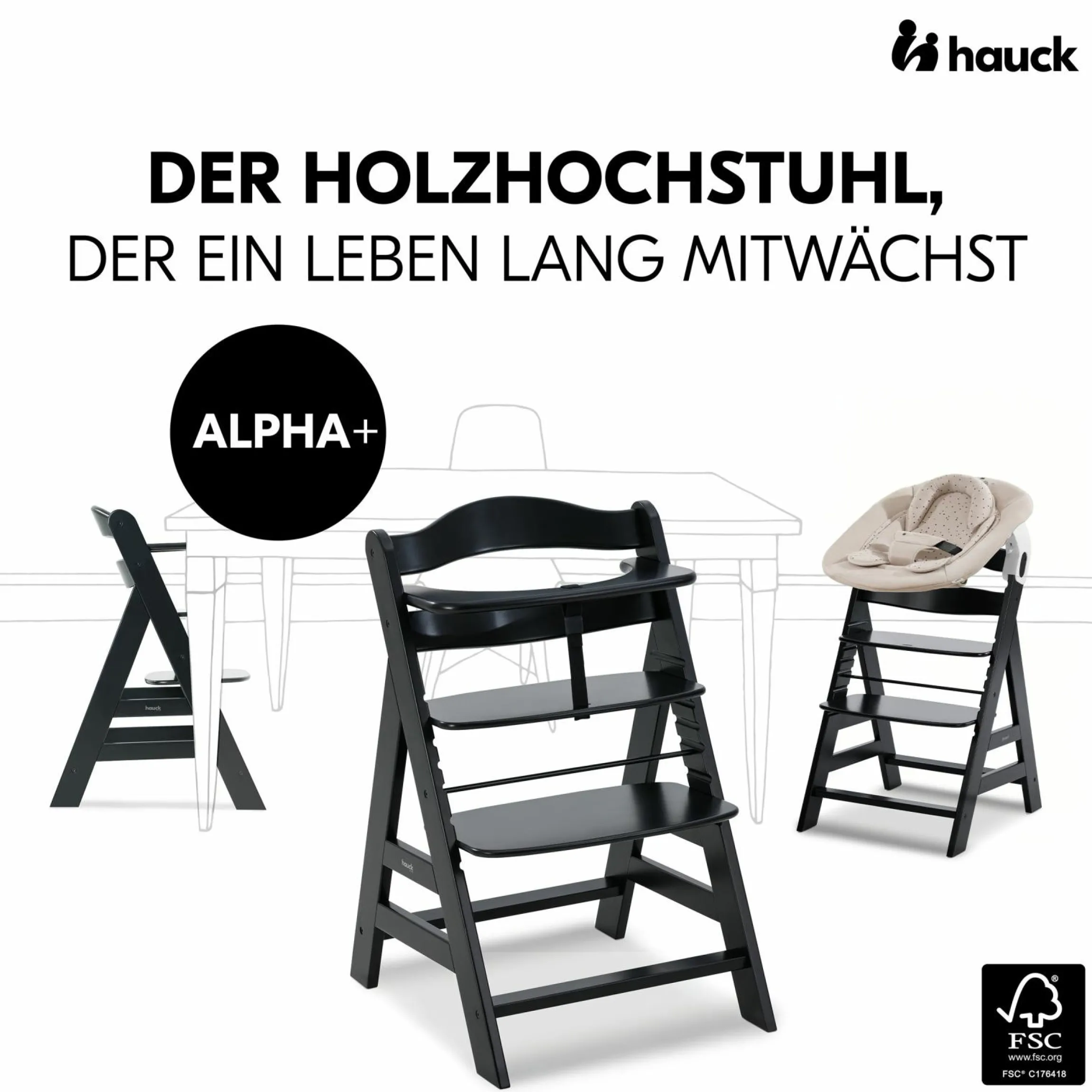 Alpha Plus Black 4-tlg. Newborn Set Disney - Hochstuhl + 2in1 Babyaufsatz & Wippe + Sitzkissen - Winnie Pooh