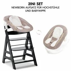 Alpha Plus Black 4-tlg. Newborn Set - Hochstuhl + 2in1 Babyaufsatz & Wippe + Sitzkissen - Stretch Beige