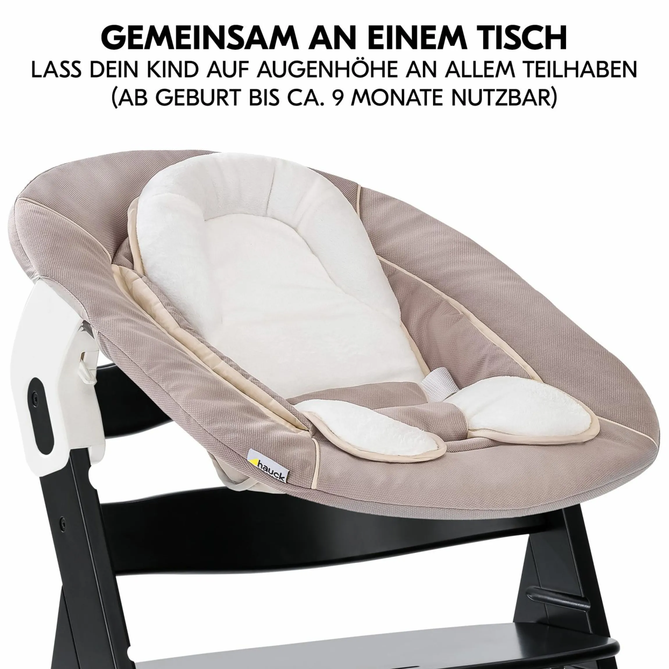 Alpha Plus Black 4-tlg. Newborn Set - Hochstuhl + 2in1 Babyaufsatz & Wippe + Sitzkissen - Stretch Beige