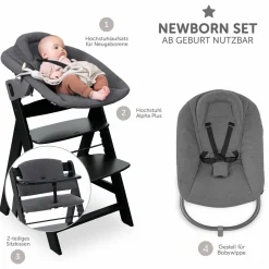 Alpha Plus Black 4-tlg. Newborn Set Premium - Hochstuhl + 2in1 Babyaufsatz & Wippe + Sitzkissen - Dark Grey