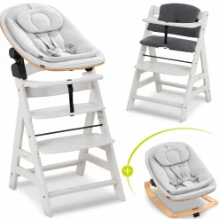 Alpha Plus Creme 4-tlg. Newborn Set Eco - Hochstuhl + 2in1 Babyaufsatz & Wippe + Sitzkissen - Light Grey / Charcoal
