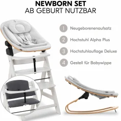 Alpha Plus Creme 4-tlg. Newborn Set Eco - Hochstuhl + 2in1 Babyaufsatz & Wippe + Sitzkissen - Light Grey / Charcoal