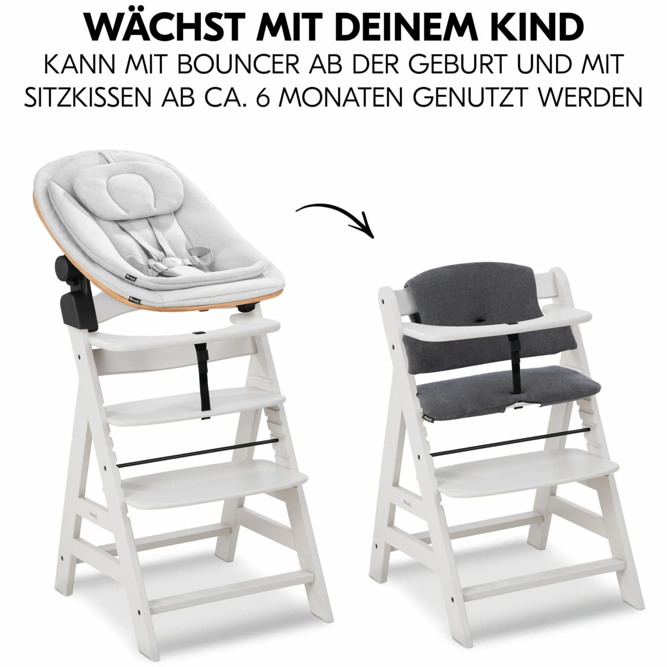Alpha Plus Creme 4-tlg. Newborn Set Eco - Hochstuhl + 2in1 Babyaufsatz & Wippe + Sitzkissen - Light Grey / Charcoal