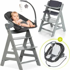 Alpha Plus Grau Newborn Set Deluxe - 4-tlg. Hochstuhl + 2in1 Neugeboreneneinsatz (verstellbar) + Sitzpolster
