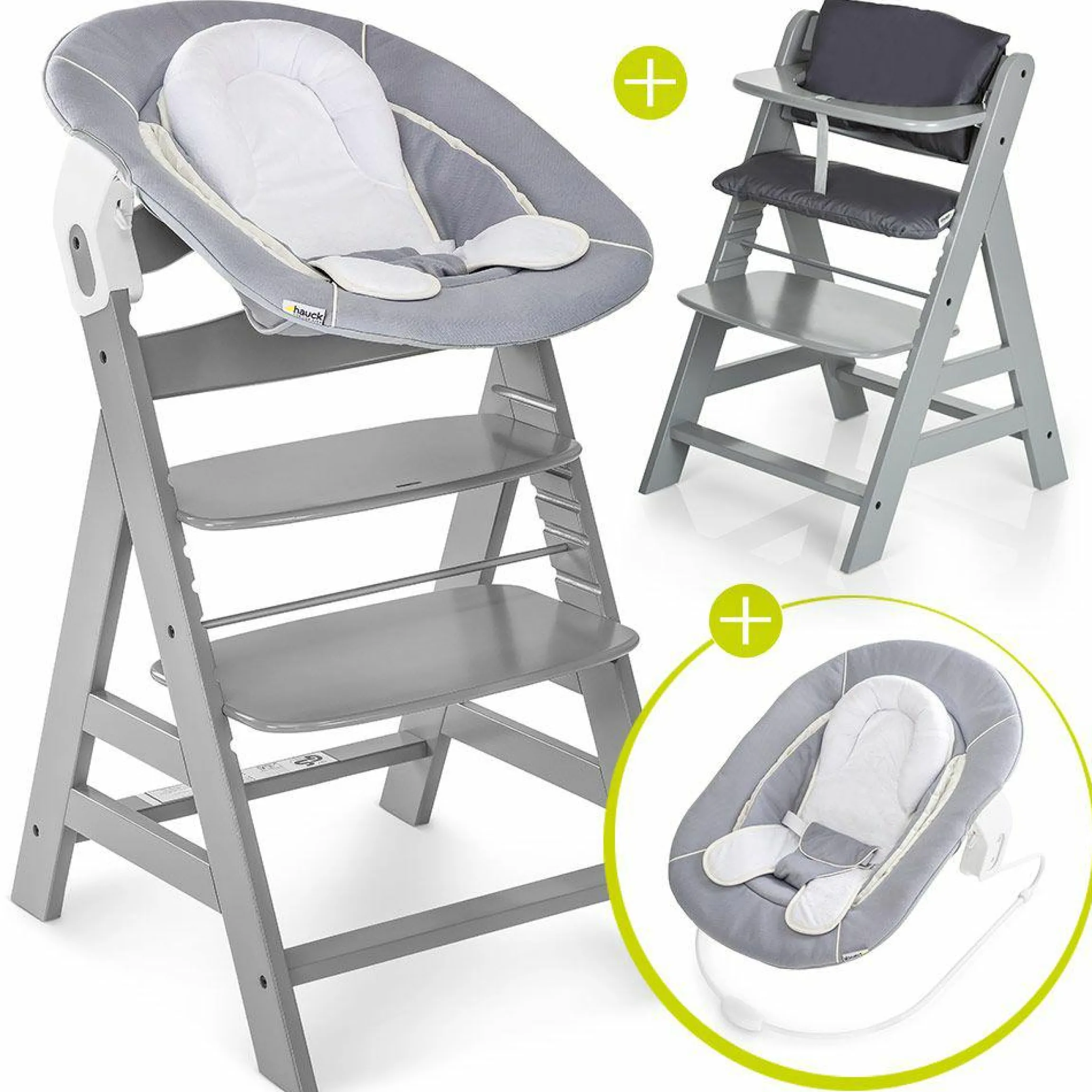 Alpha Plus Grey Newborn Set - 4-tlg. Hochstuhl + Neugeboreneneinsatz & Wippe Stretch Grey + Sitzpolster