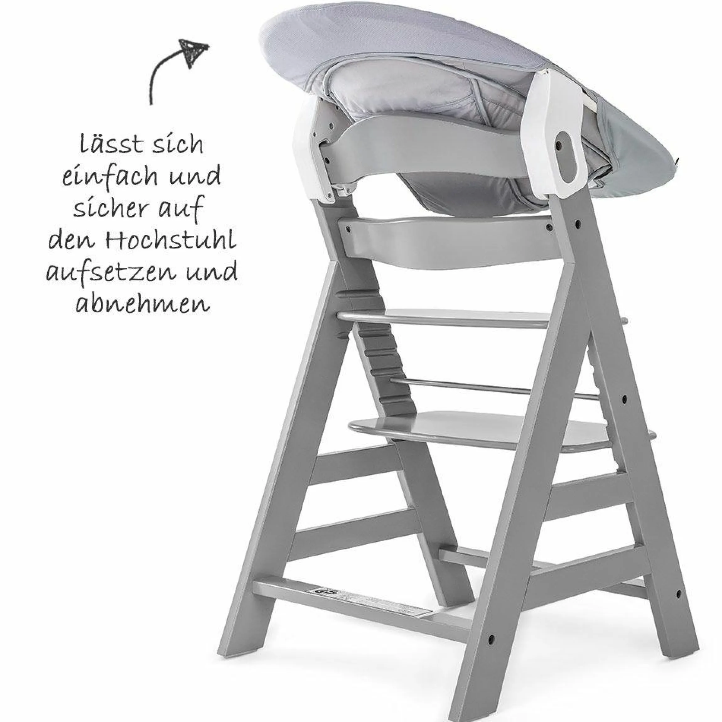 Alpha Plus Grey Newborn Set - 4-tlg. Hochstuhl + Neugeboreneneinsatz & Wippe Stretch Grey + Sitzpolster