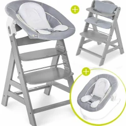 Alpha Plus Grey Newborn Set - 4-tlg. Hochstuhl + Neugeborenenaufsatz & Wippe Stretch Grey + Sitzkissen