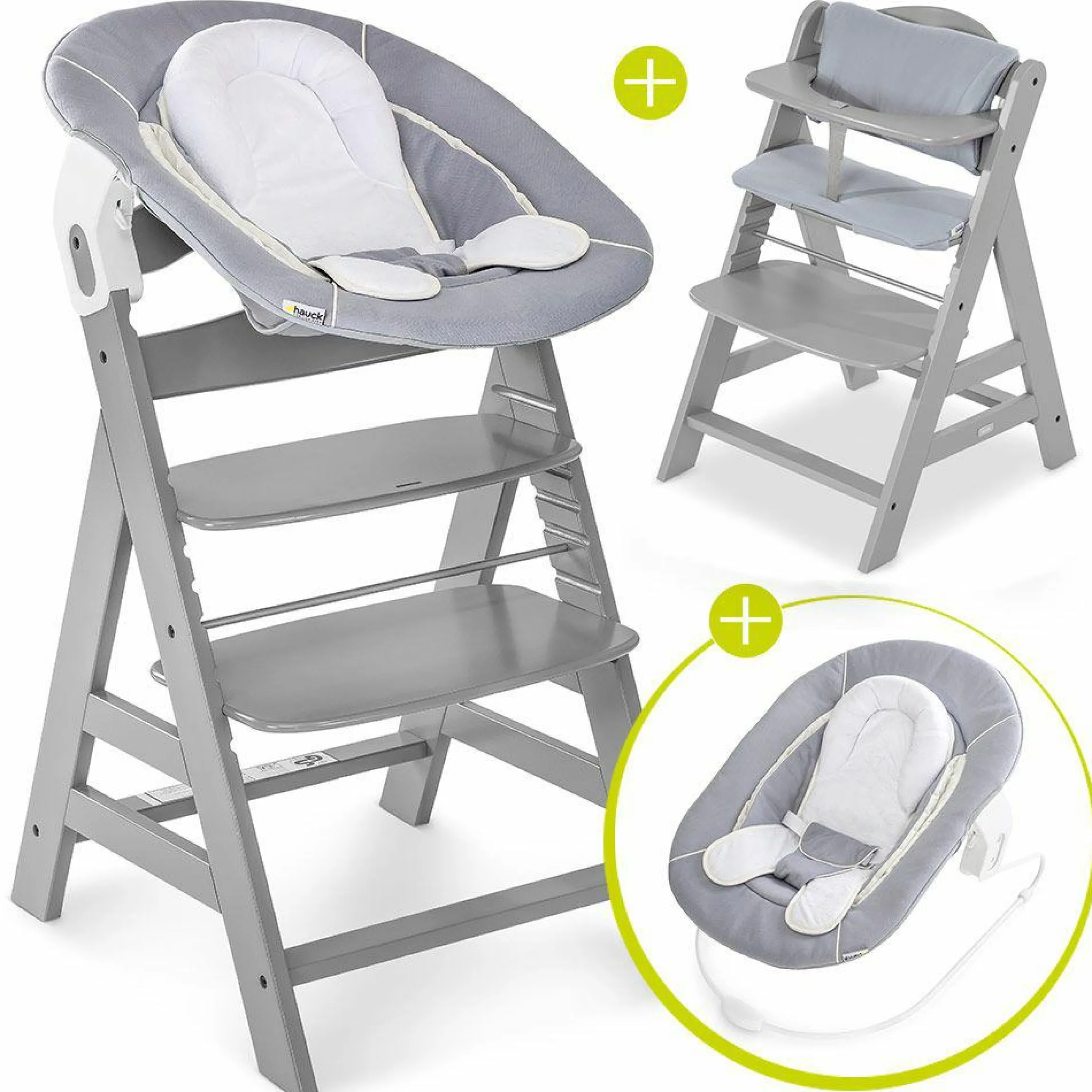 Alpha Plus Grey Newborn Set - 4-tlg. Hochstuhl + Neugeborenenaufsatz & Wippe Stretch Grey + Sitzkissen