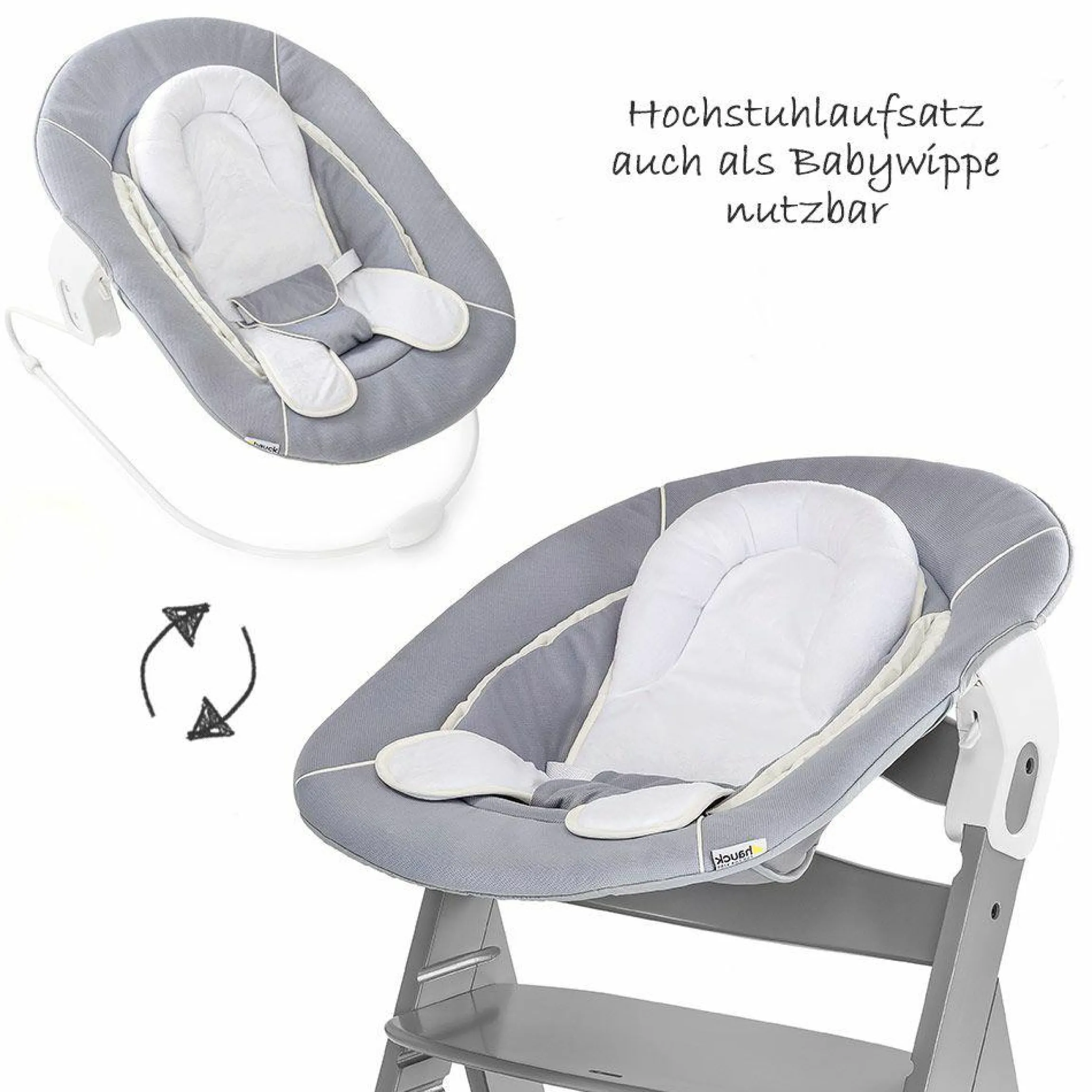 Alpha Plus Grey Newborn Set - 4-tlg. Hochstuhl + Neugeborenenaufsatz & Wippe Stretch Grey + Sitzkissen