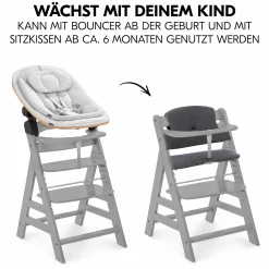 Alpha Plus Grey 4-tlg. Newborn Set Eco - Hochstuhl + 2in1 Babyaufsatz & Wippe + Sitzkissen - Light Grey / Charcoal