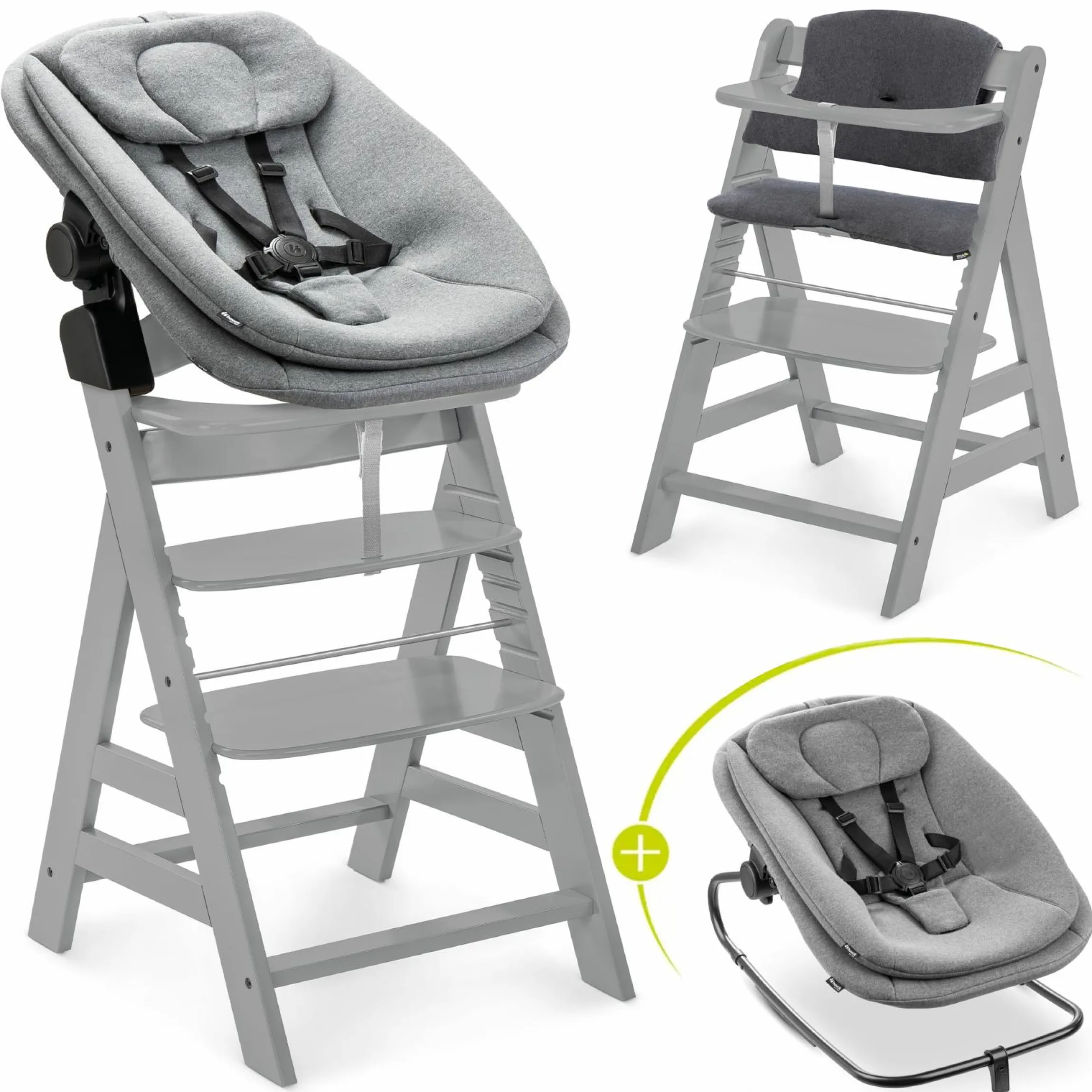 Alpha Plus Grey 4-tlg. Newborn Set - Hochstuhl + 2in1 Babyaufsatz & Wippe + Sitzkissen - Dark Grey Melange