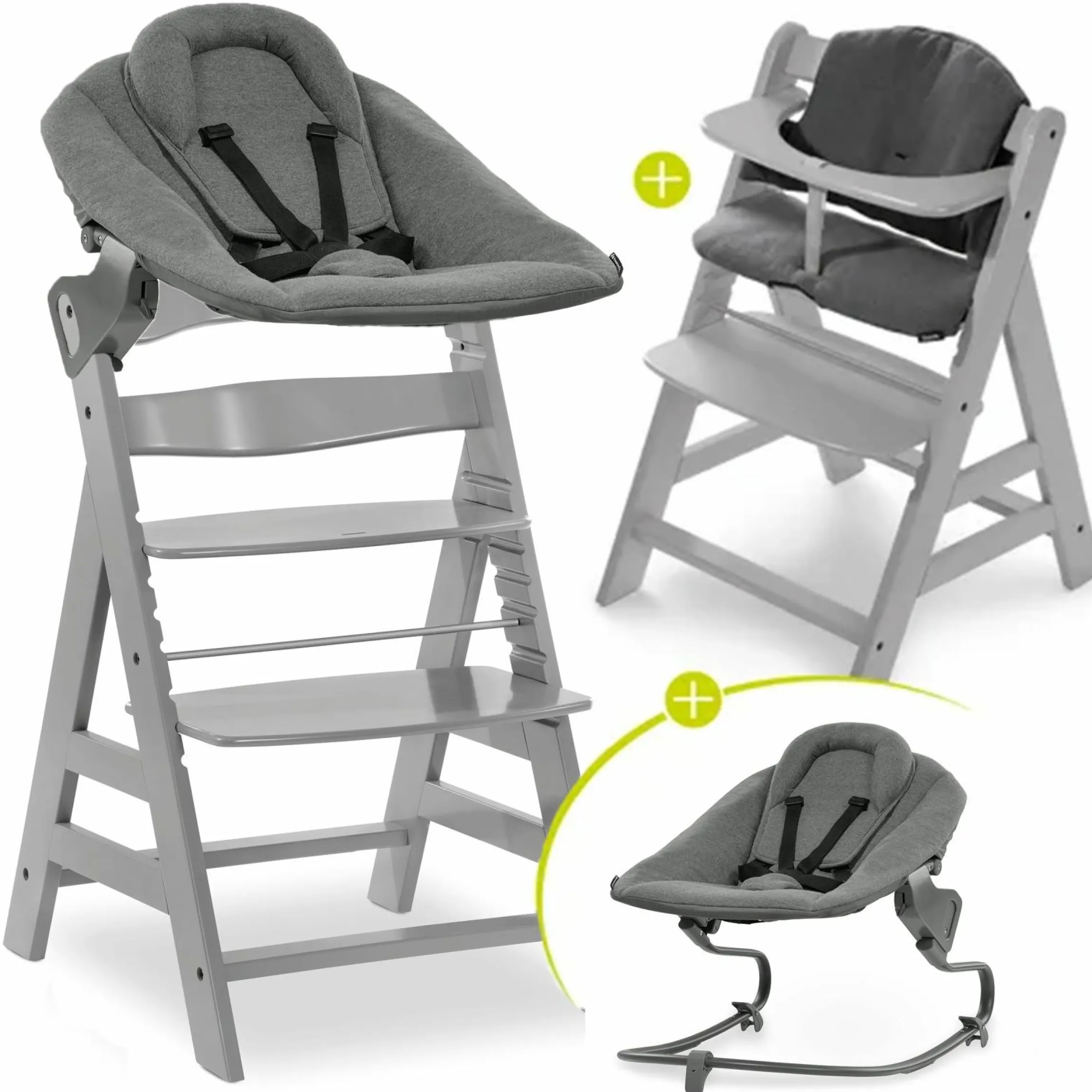 Alpha Plus Grey 4-tlg. Newborn Set - Hochstuhl + 2in1 Neugeborenen-Aufsatz & Wippe + Hochstuhlauflage - Jersey Charcoal