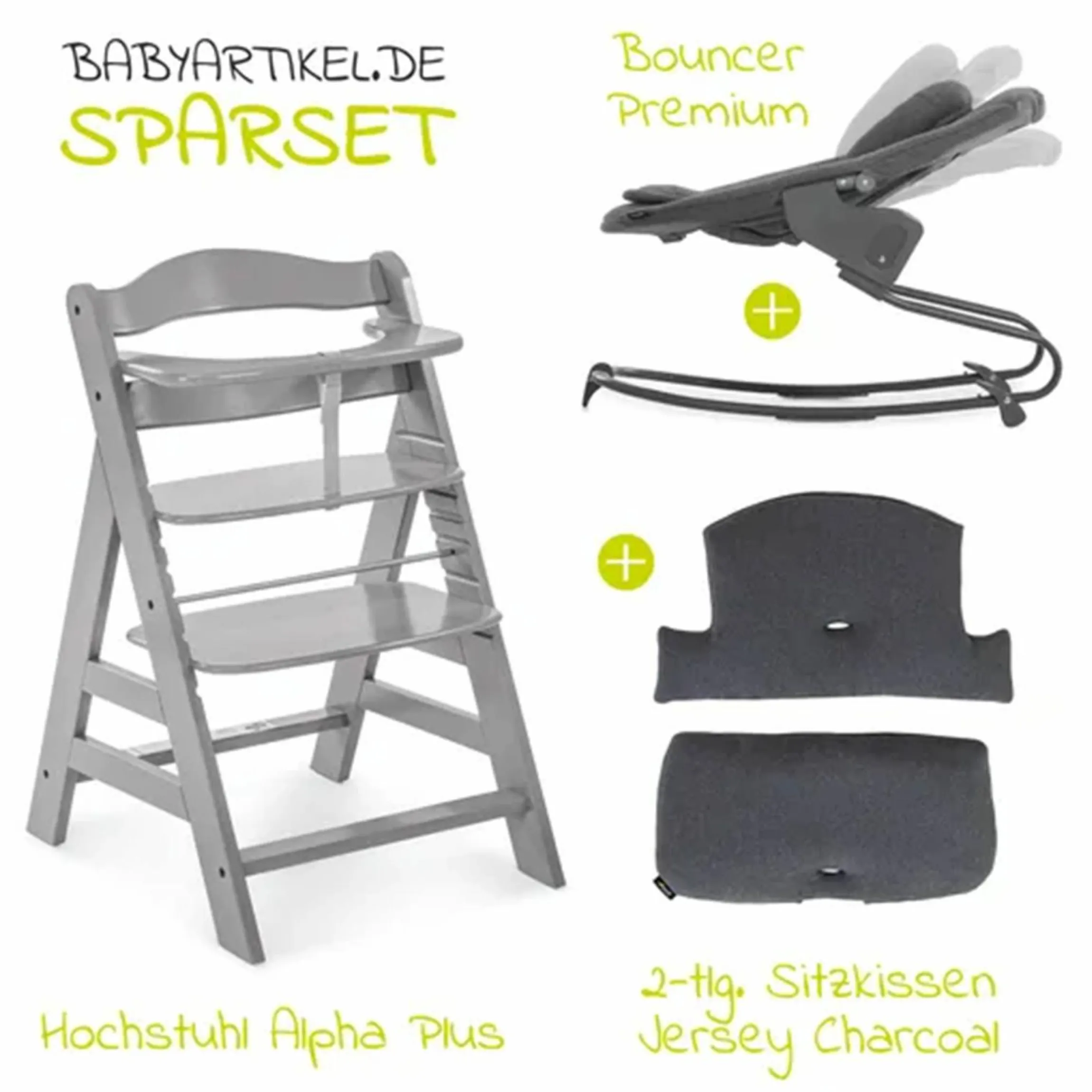 Alpha Plus Grey 4-tlg. Newborn Set - Hochstuhl + 2in1 Neugeborenen-Aufsatz & Wippe + Hochstuhlauflage - Jersey Charcoal