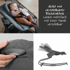 Alpha Plus Grey 4-tlg. Newborn Set - Hochstuhl + 2in1 Neugeborenen-Aufsatz & Wippe + Hochstuhlauflage - Jersey Charcoal