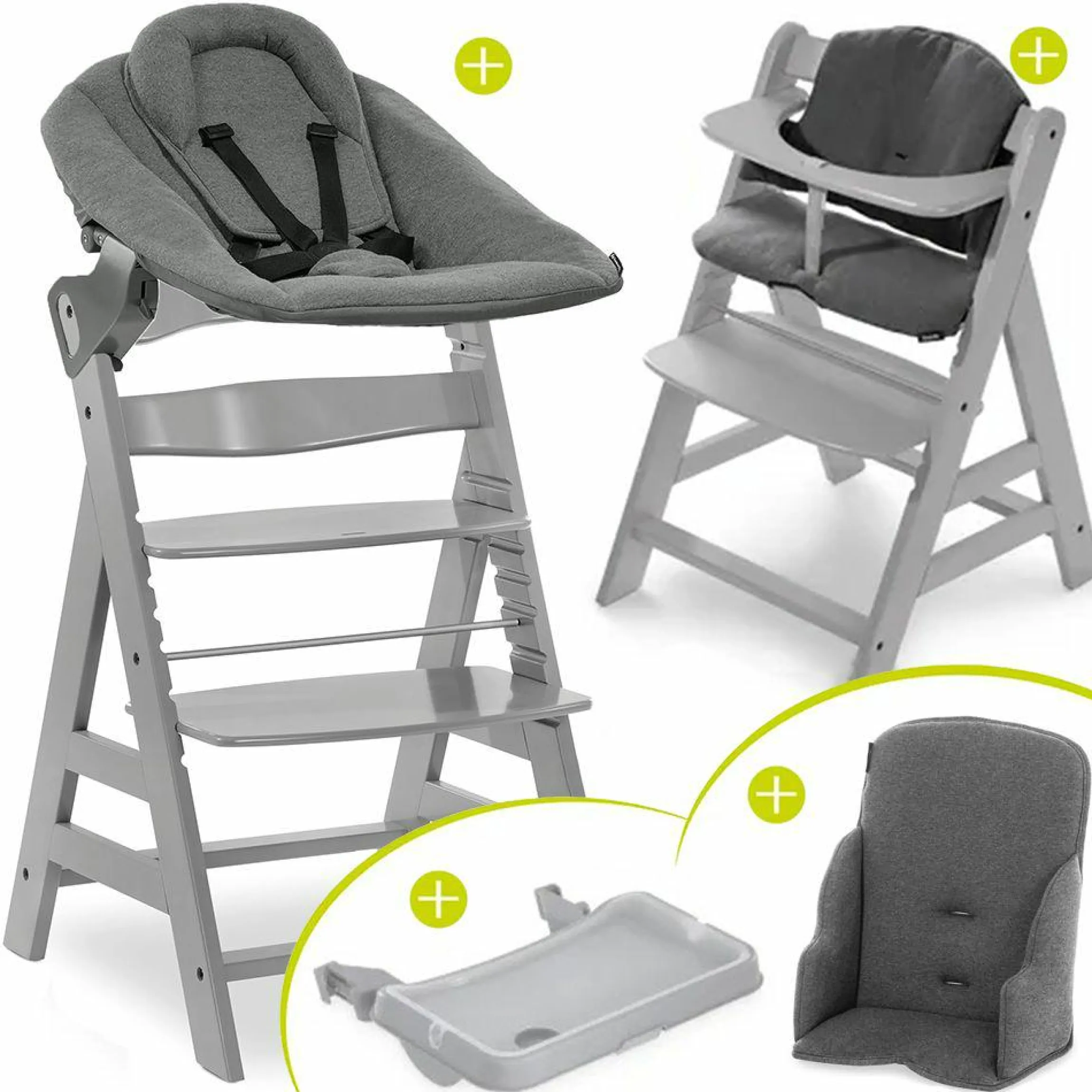 Alpha Plus Grey XXL Newborn Set - Hochstuhl + 2in1 Aufsatz Bouncer & Wippe + Alpha Tray Essbrett + Sitzverkleinerer + Hochstuhlauflage - Jersey Charcoal