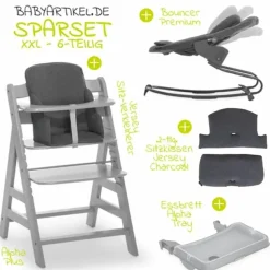 Alpha Plus Grey XXL Newborn Set - Hochstuhl + 2in1 Aufsatz Bouncer & Wippe + Alpha Tray Essbrett + Sitzverkleinerer + Hochstuhlauflage - Jersey Charcoal