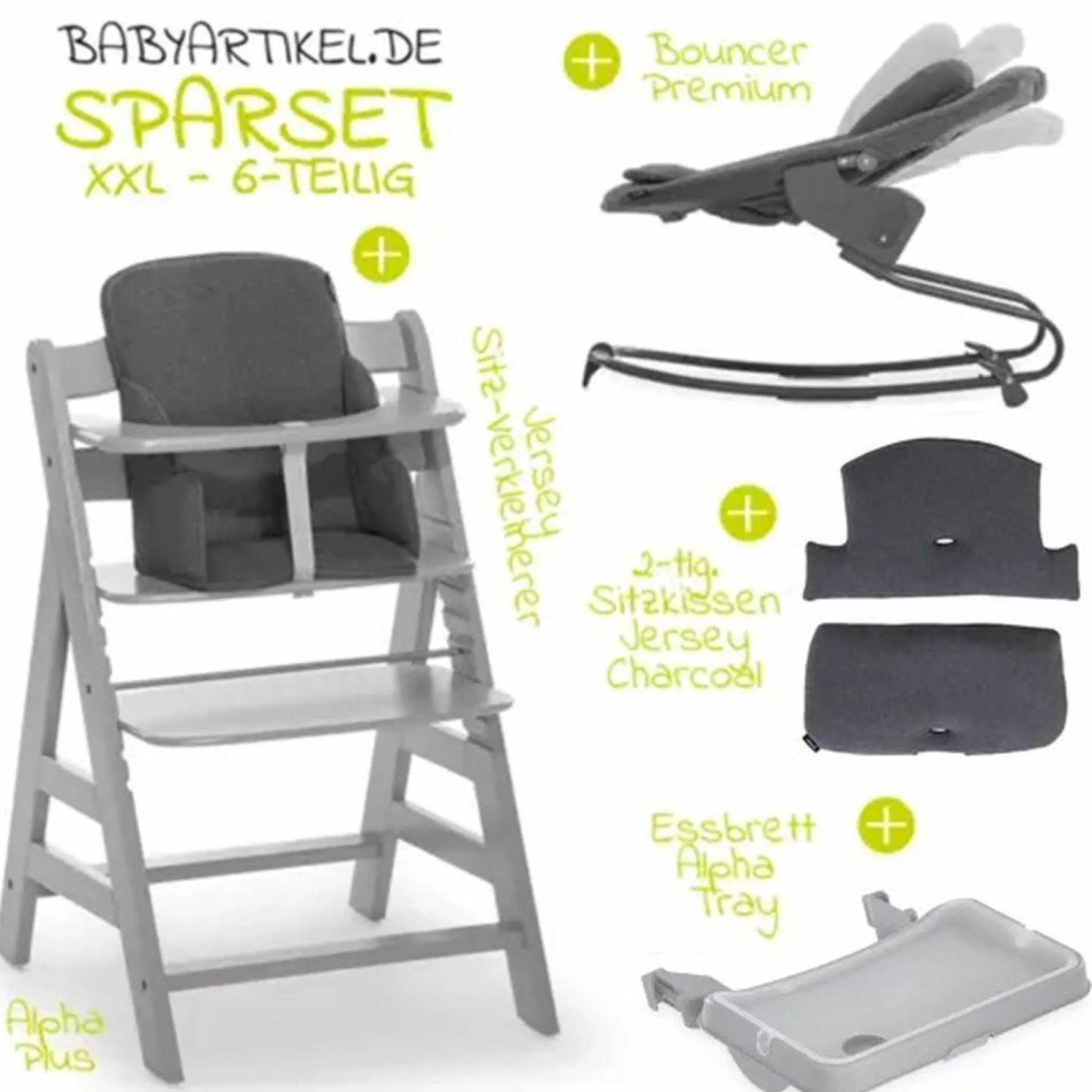 Alpha Plus Grey XXL Newborn Set - Hochstuhl + 2in1 Aufsatz Bouncer & Wippe + Alpha Tray Essbrett + Sitzverkleinerer + Hochstuhlauflage - Jersey Charcoal