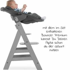 Alpha Plus Grey XXL Newborn Set - Hochstuhl + 2in1 Aufsatz Bouncer & Wippe + Alpha Tray Essbrett + Sitzverkleinerer + Hochstuhlauflage - Jersey Charcoal