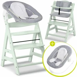 Alpha Plus Mint 4-tlg. Newborn Set - Hochstuhl + 2in1 Babyaufsatz & Wippe + Sitzkissen - Stretch Grey
