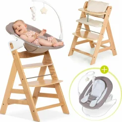 Alpha Plus Natur Newborn Set Deluxe - 4-tlg. Hochstuhl + 2in1 Neugeboreneneinsatz (verstellbar) + Sitzpolster