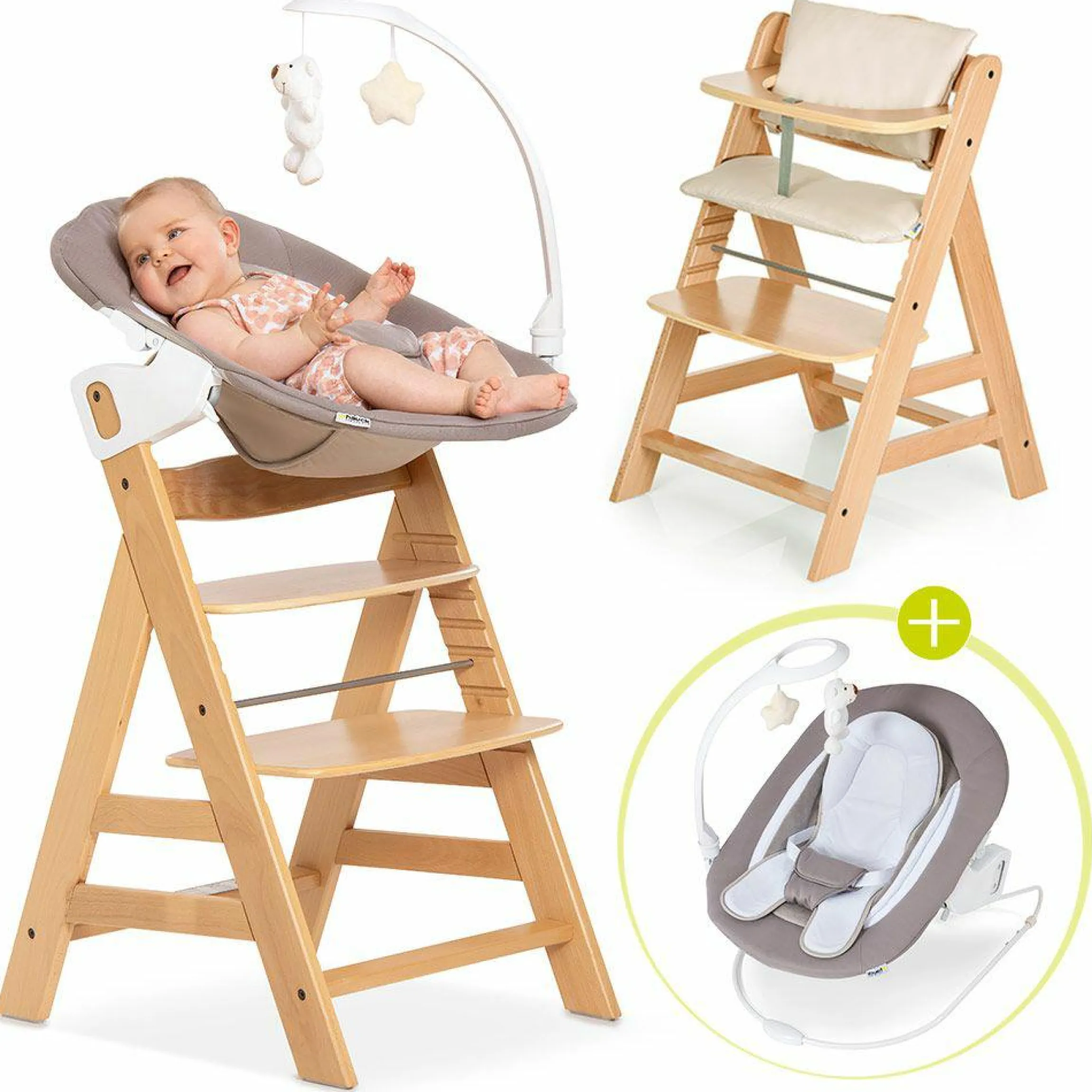 Alpha Plus Natur Newborn Set Deluxe - 4-tlg. Hochstuhl + 2in1 Neugeboreneneinsatz (verstellbar) + Sitzpolster