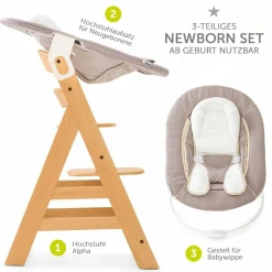 Alpha Plus Natur Newborn Set - 3-tlg. Hochstuhl + Neugeboreneneinsatz & Wippe Stretch Beige