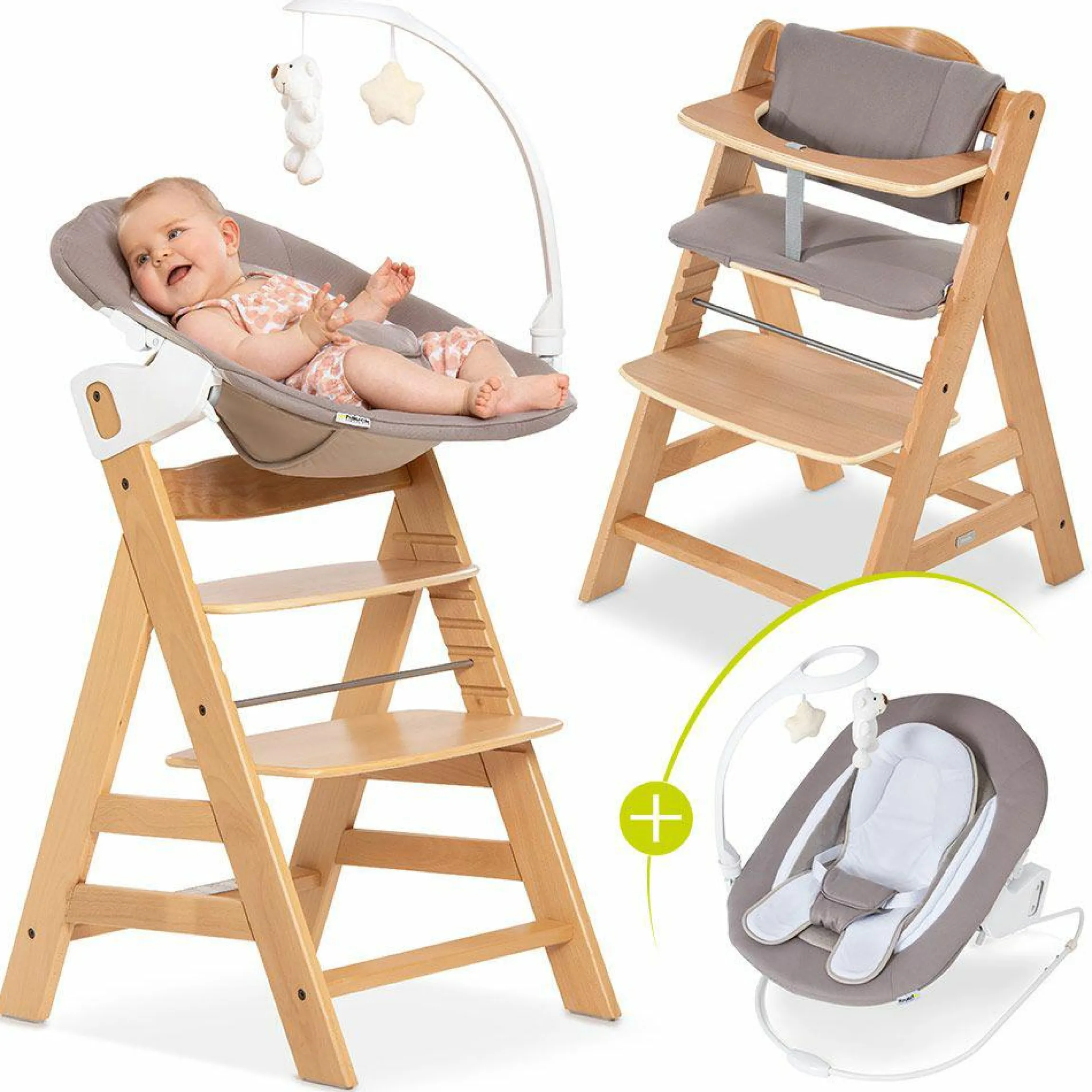 Alpha Plus Natur Newborn Set Deluxe - 4-tlg. Hochstuhl + Neugeborenenaufsatz (Rückenlehne verstellbar) + Sitzkissen