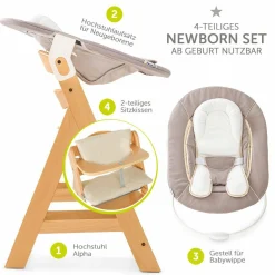Alpha Plus Natur Newborn Set - 4-tlg. Hochstuhl + Neugeboreneneinsatz & Wippe Stretch Beige + Sitzpolster
