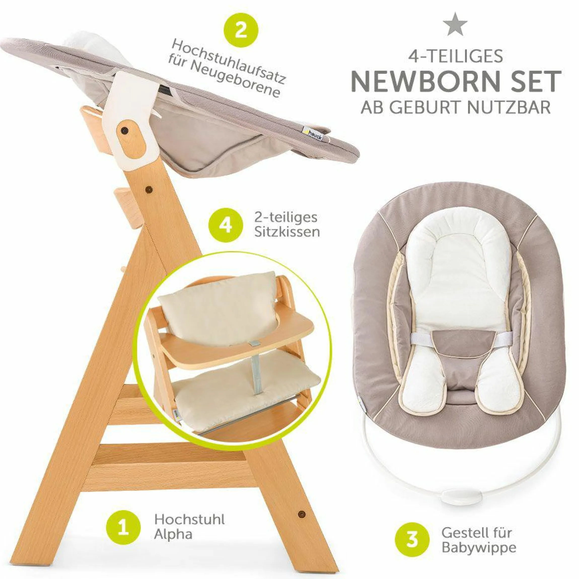 Alpha Plus Natur Newborn Set - 4-tlg. Hochstuhl + Neugeboreneneinsatz & Wippe Stretch Beige + Sitzpolster