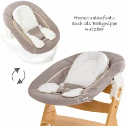 Alpha Plus Natur Newborn Set - 4-tlg. Hochstuhl + Neugeboreneneinsatz & Wippe Stretch Beige + Sitzpolster