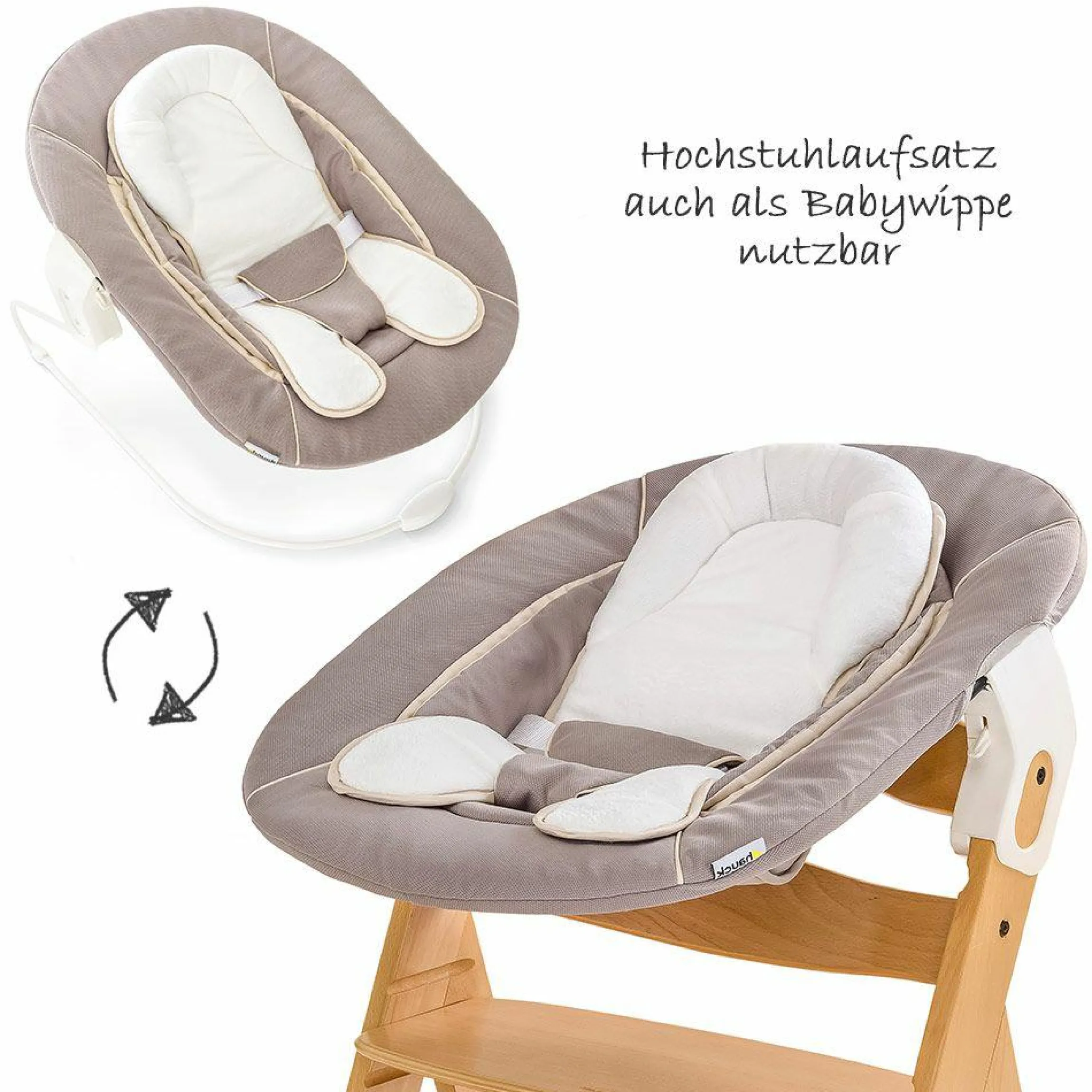 Alpha Plus Natur Newborn Set - 4-tlg. Hochstuhl + Neugeboreneneinsatz & Wippe Stretch Beige + Sitzpolster