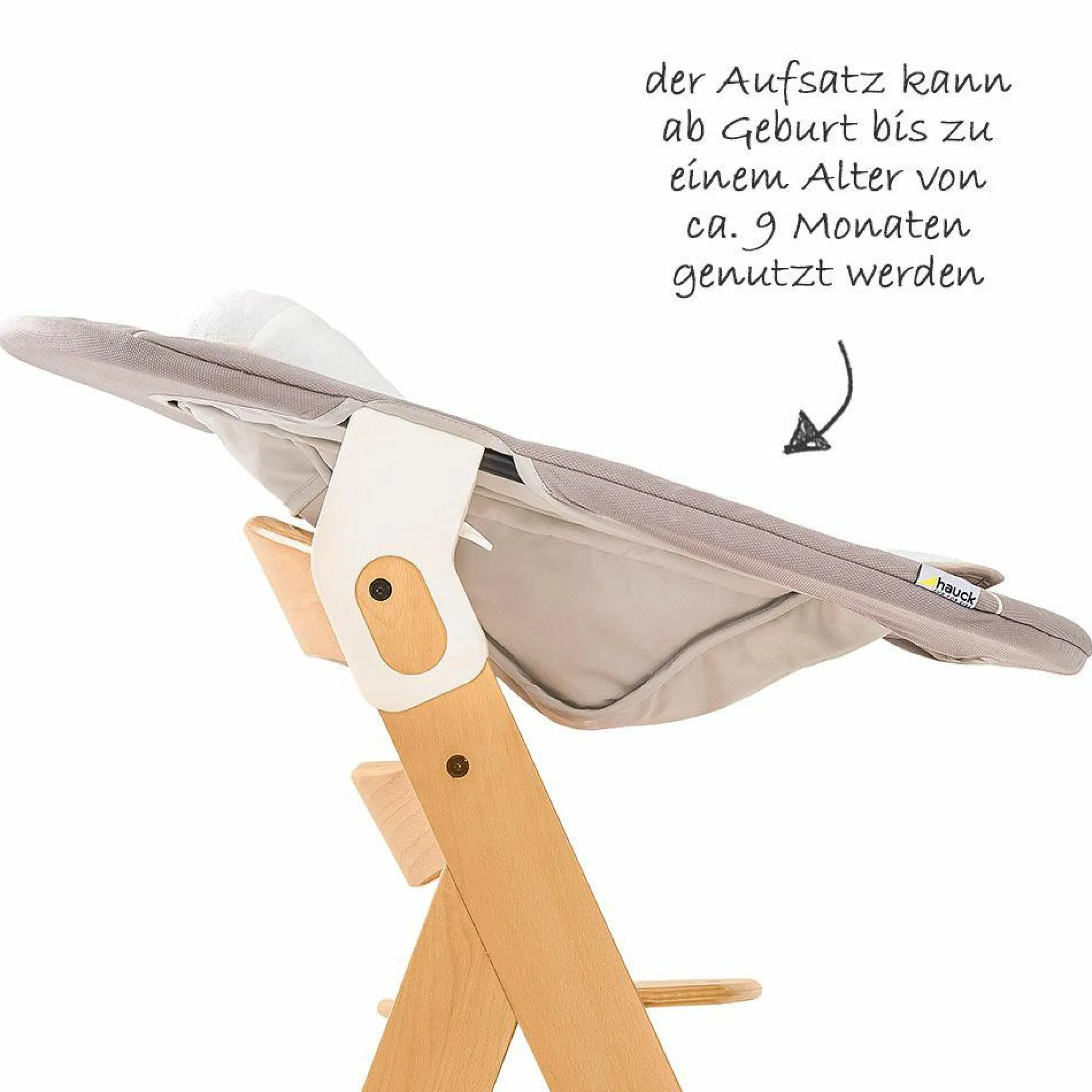 Alpha Plus Natur Newborn Set - 4-tlg. Hochstuhl + Neugeboreneneinsatz & Wippe Stretch Beige + Sitzpolster