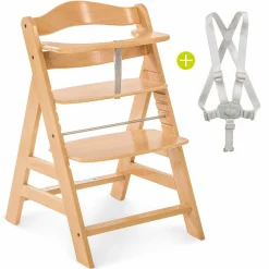 Alpha Plus Natur Newborn Set - 4-tlg. Hochstuhl + Neugeboreneneinsatz & Wippe Stretch Beige + Sitzpolster