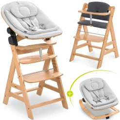 Alpha Plus Natur 4-tlg. Newborn Set Eco - Hochstuhl + 2in1 Babyaufsatz & Wippe + Sitzkissen - Light Grey / Charcoal