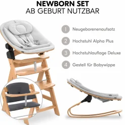 Alpha Plus Natur 4-tlg. Newborn Set Eco - Hochstuhl + 2in1 Babyaufsatz & Wippe + Sitzkissen - Light Grey / Charcoal