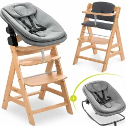 Alpha Plus Natur 4-tlg. Newborn Set - Hochstuhl + 2in1 Babyaufsatz & Wippe + Sitzkissen - Dark Grey Melange