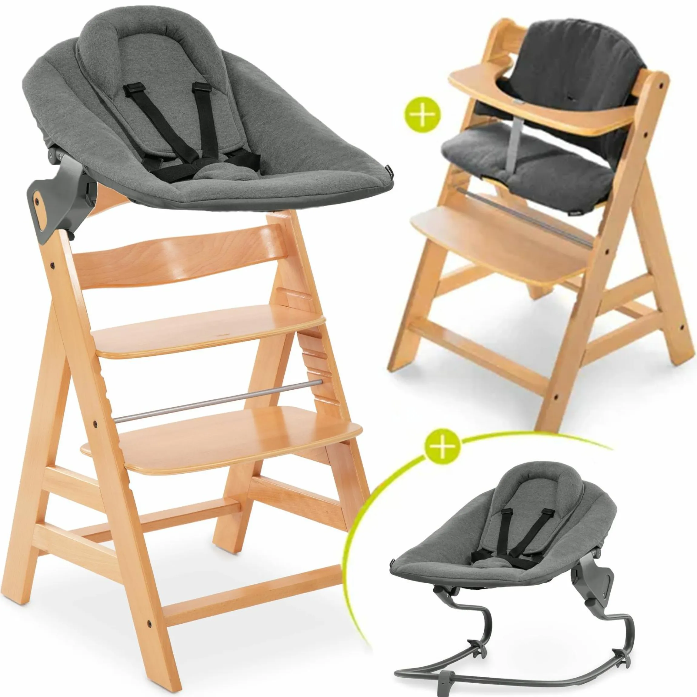 Alpha Plus Natur 4-tlg. Newborn Set - Hochstuhl + 2in1 Neugeborenen-Aufsatz & Wippe + Hochstuhlauflage - Jersey Charcoal