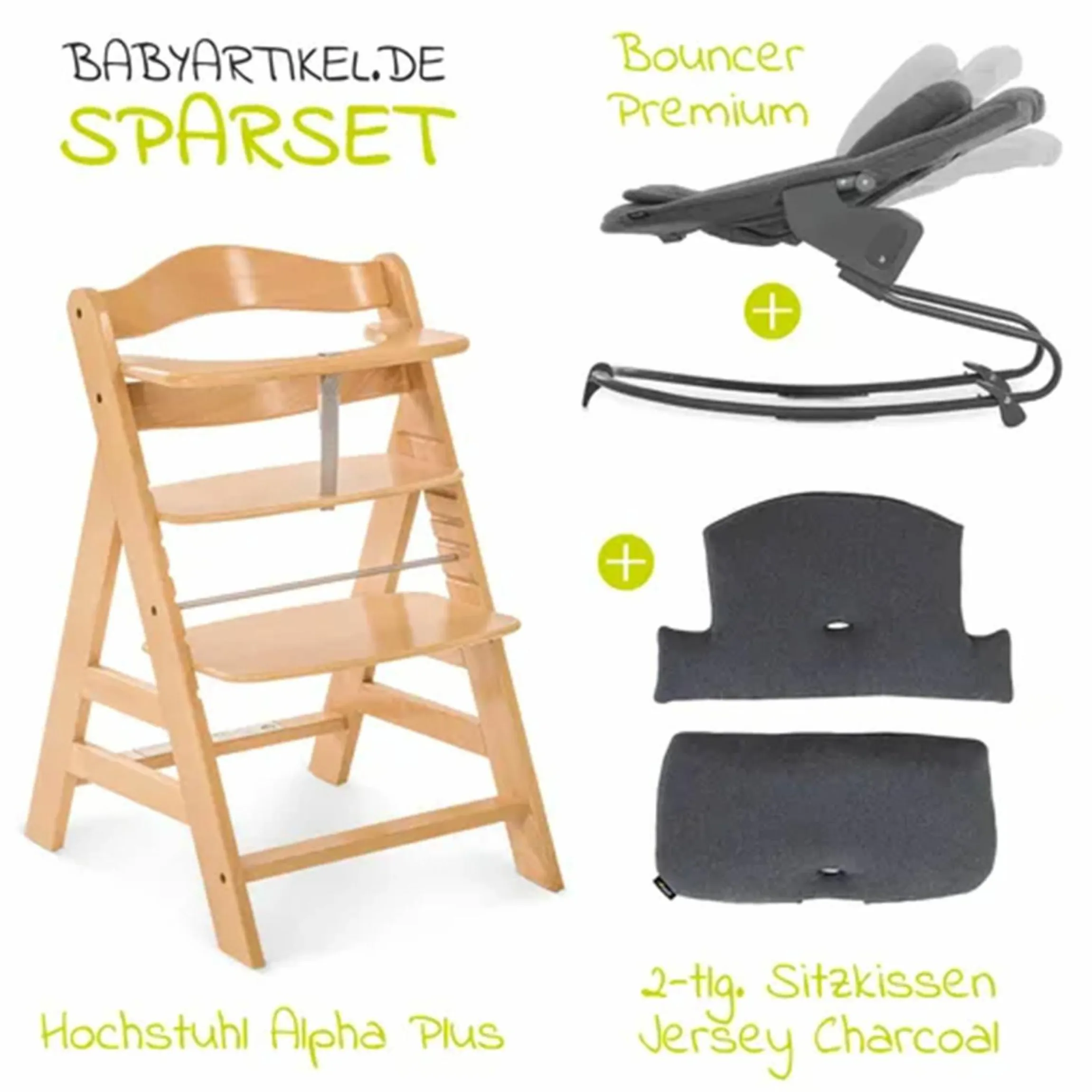Alpha Plus Natur 4-tlg. Newborn Set - Hochstuhl + 2in1 Neugeborenen-Aufsatz & Wippe + Hochstuhlauflage - Jersey Charcoal