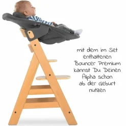 Alpha Plus Natur 4-tlg. Newborn Set - Hochstuhl + 2in1 Neugeborenen-Aufsatz & Wippe + Hochstuhlauflage - Jersey Charcoal