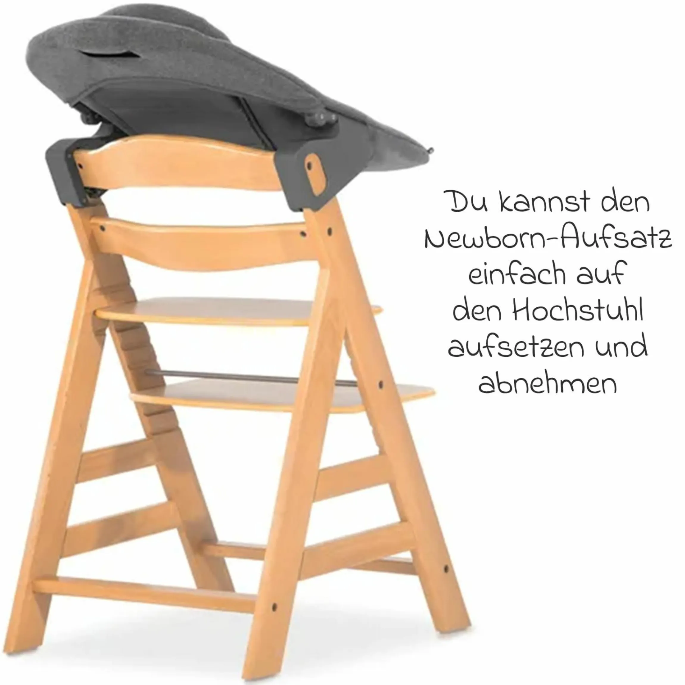 Alpha Plus Natur 4-tlg. Newborn Set - Hochstuhl + 2in1 Neugeborenen-Aufsatz & Wippe + Hochstuhlauflage - Jersey Charcoal