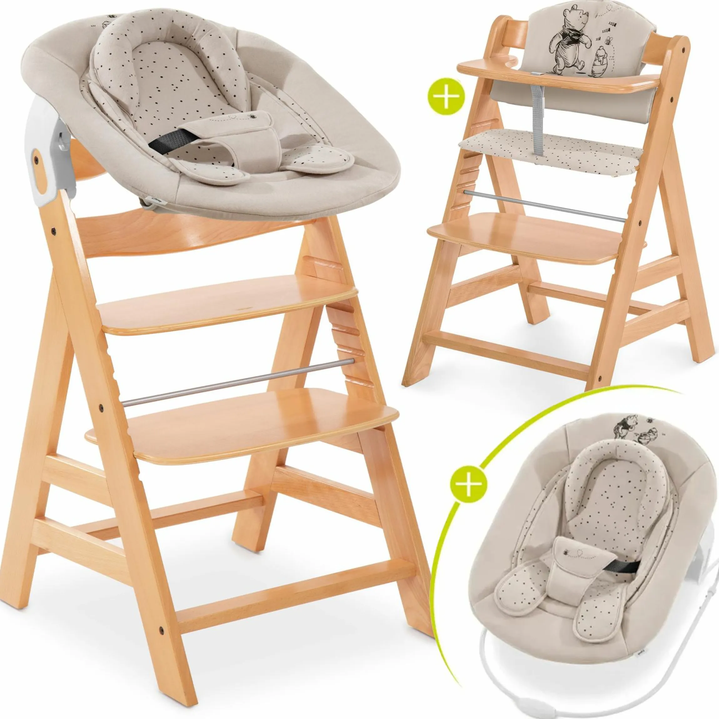 Alpha Plus Natur 4-tlg. Newborn Set Disney Pooh - Hochstuhl + Neugeboreneneinsatz & Wippe + Sitzpolster