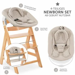 Alpha Plus Natur 4-tlg. Newborn Set Disney Pooh - Hochstuhl + Neugeboreneneinsatz & Wippe + Sitzpolster