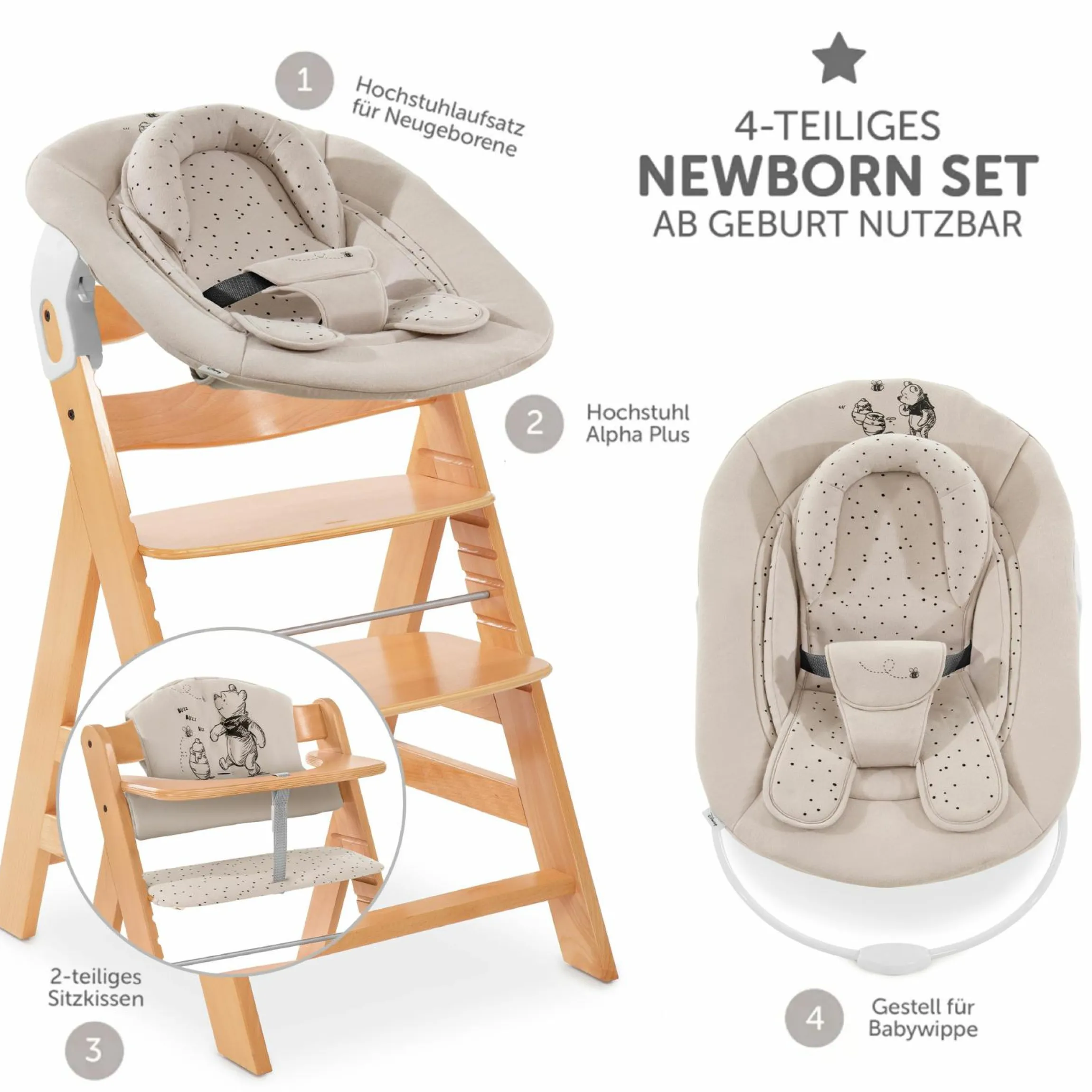 Alpha Plus Natur 4-tlg. Newborn Set Disney Pooh - Hochstuhl + Neugeboreneneinsatz & Wippe + Sitzpolster
