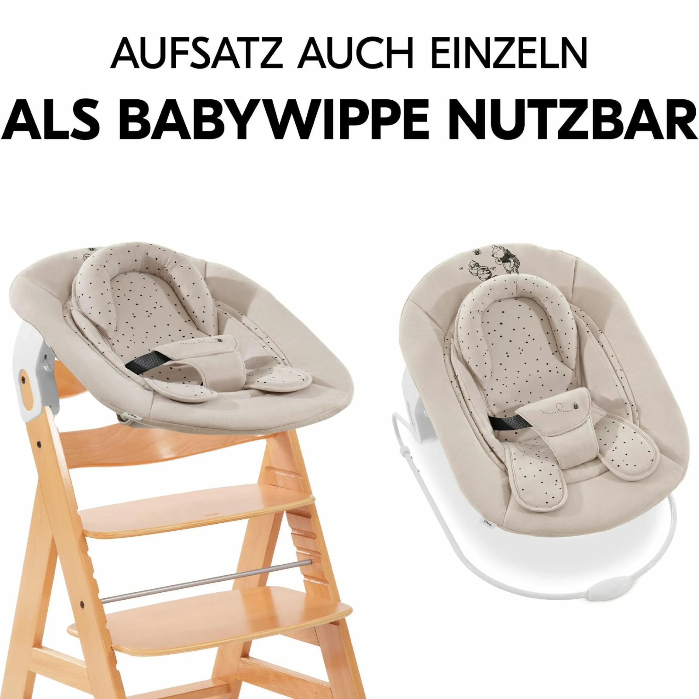 Alpha Plus Natur 4-tlg. Newborn Set Disney Pooh - Hochstuhl + Neugeboreneneinsatz & Wippe + Sitzpolster