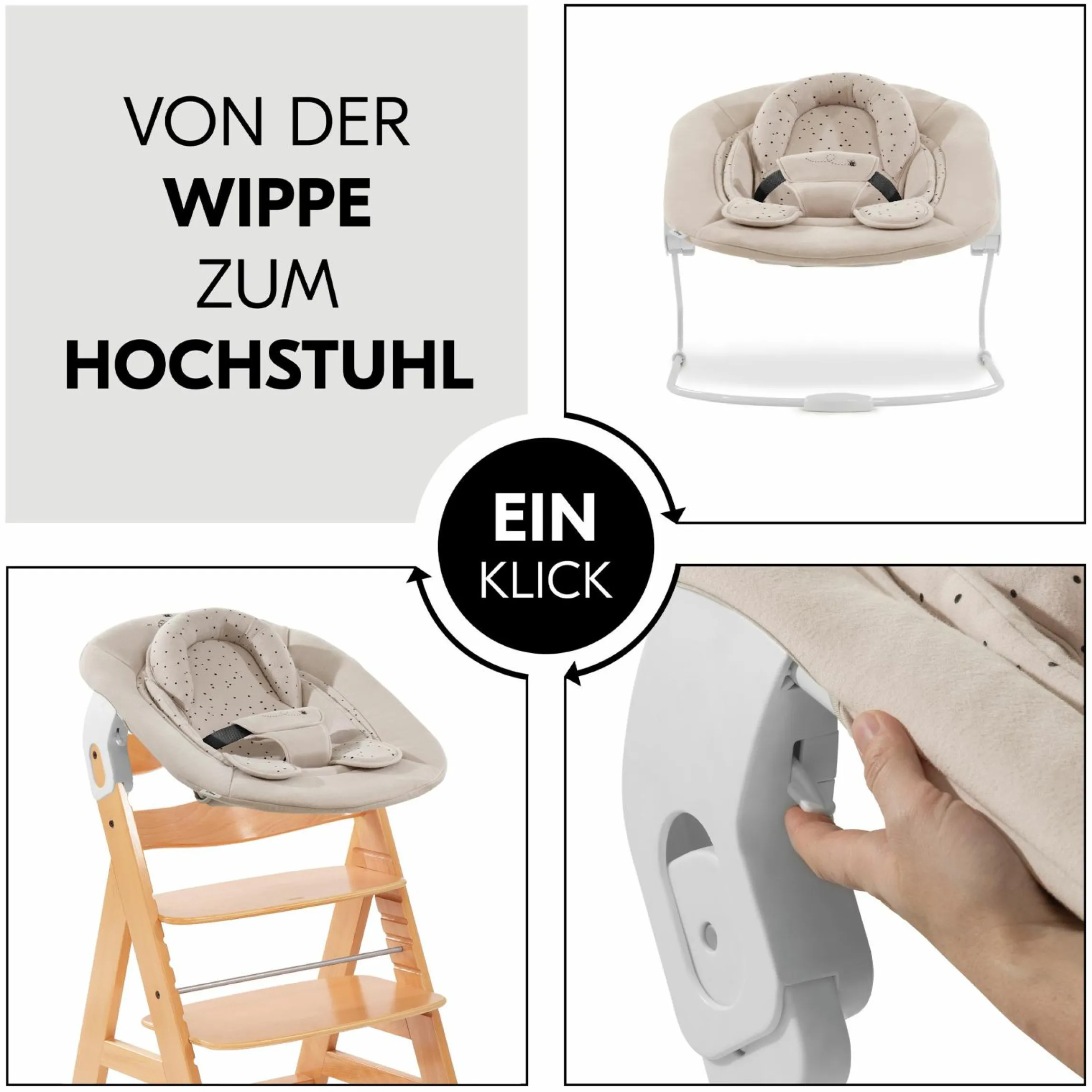 Alpha Plus Natur 4-tlg. Newborn Set Disney Pooh - Hochstuhl + Neugeboreneneinsatz & Wippe + Sitzpolster
