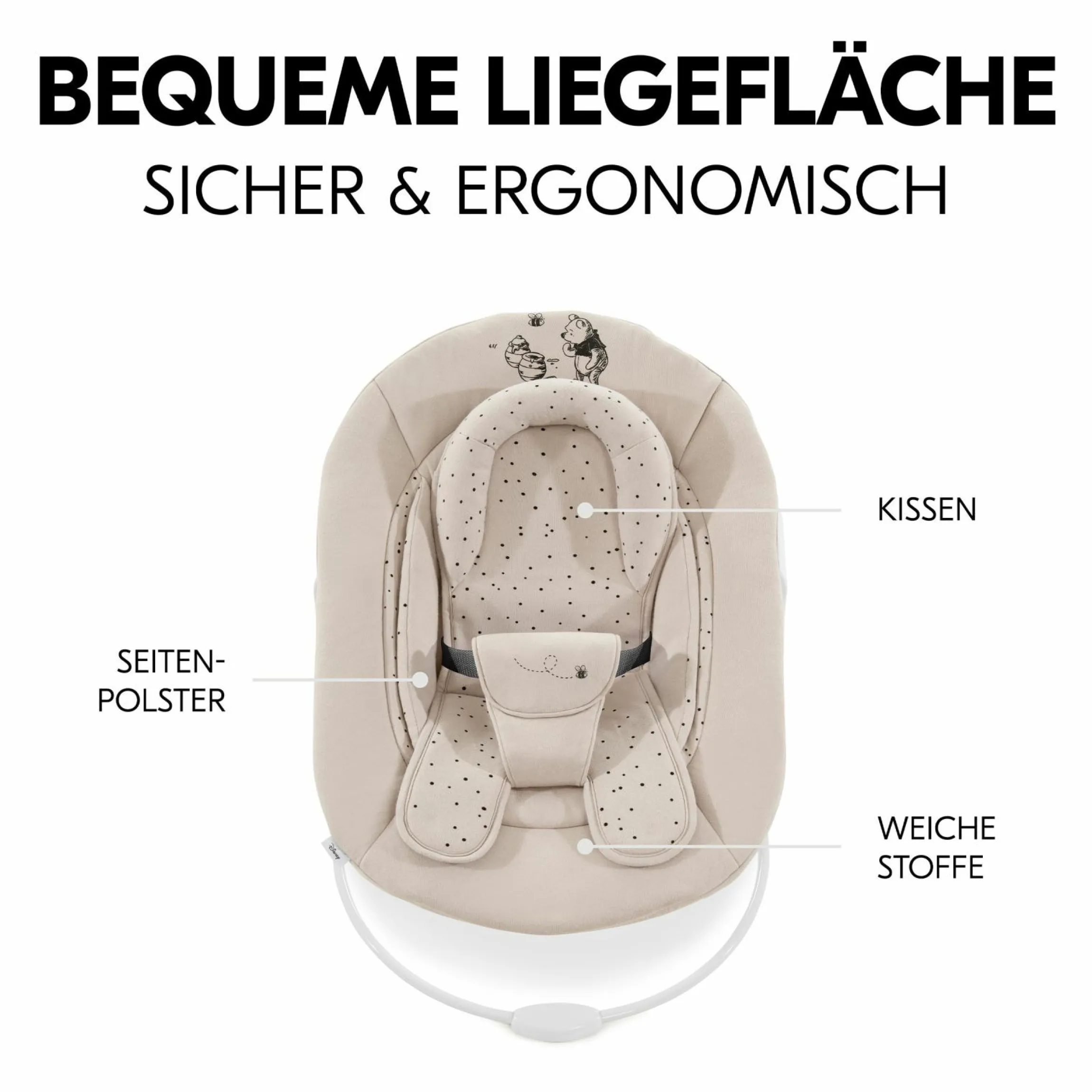 Alpha Plus Natur 4-tlg. Newborn Set Disney Pooh - Hochstuhl + Neugeboreneneinsatz & Wippe + Sitzpolster