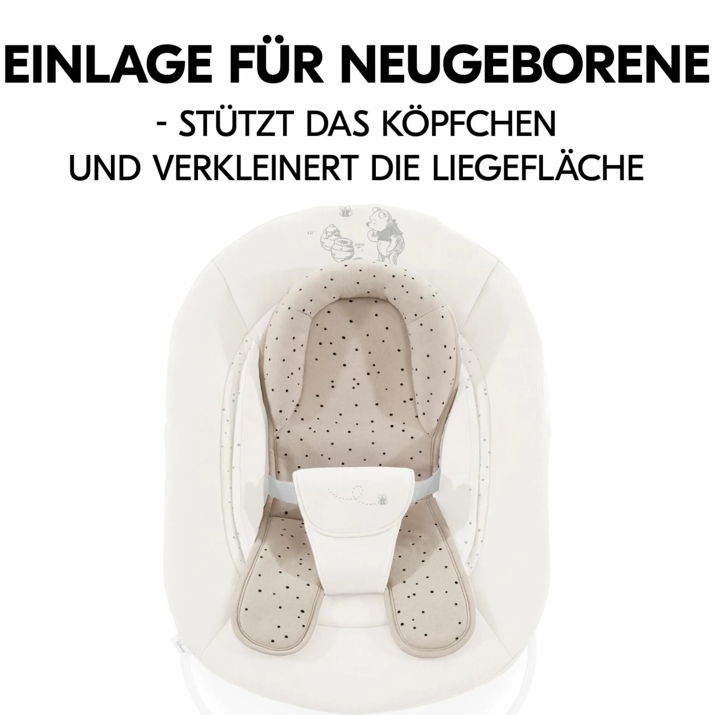 Alpha Plus Natur 4-tlg. Newborn Set Disney Pooh - Hochstuhl + Neugeboreneneinsatz & Wippe + Sitzpolster